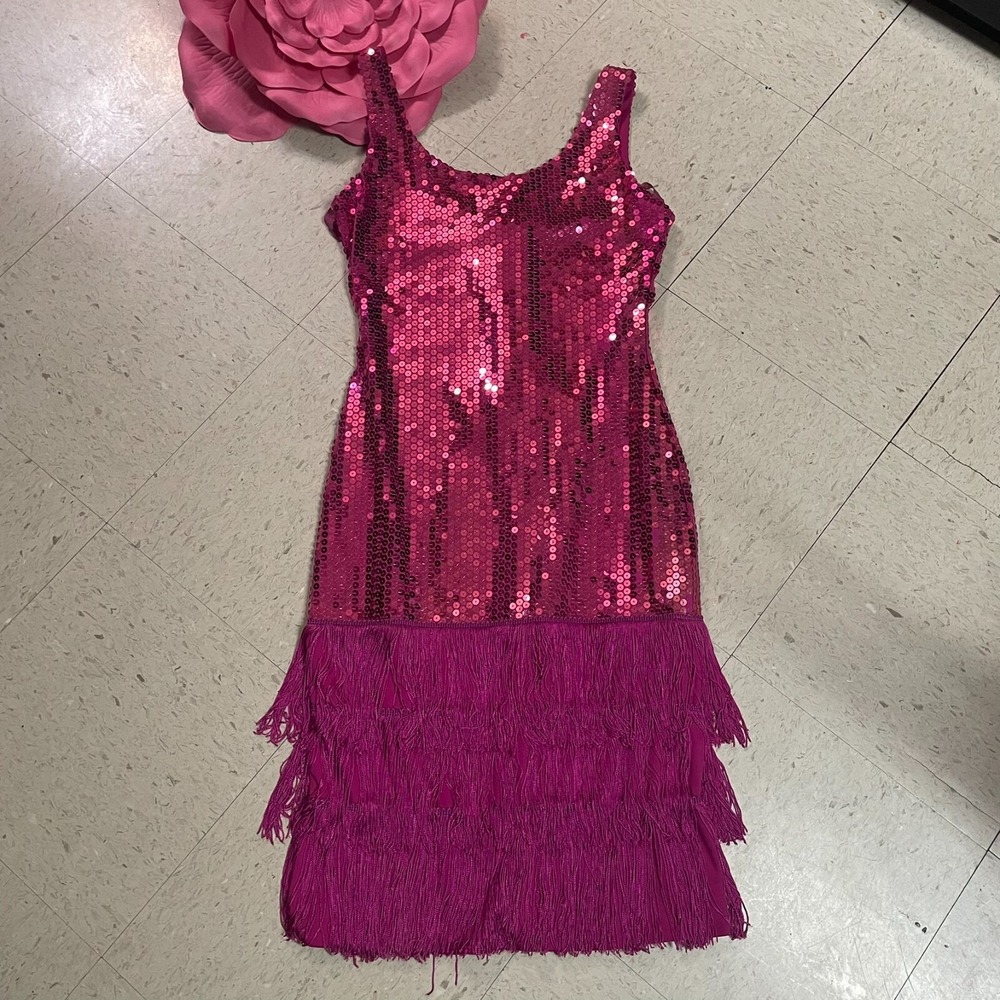 Vintage NADINE Sz‎ 7 Fuchsia Sequin Fringe Party Dress Union Made Flapper